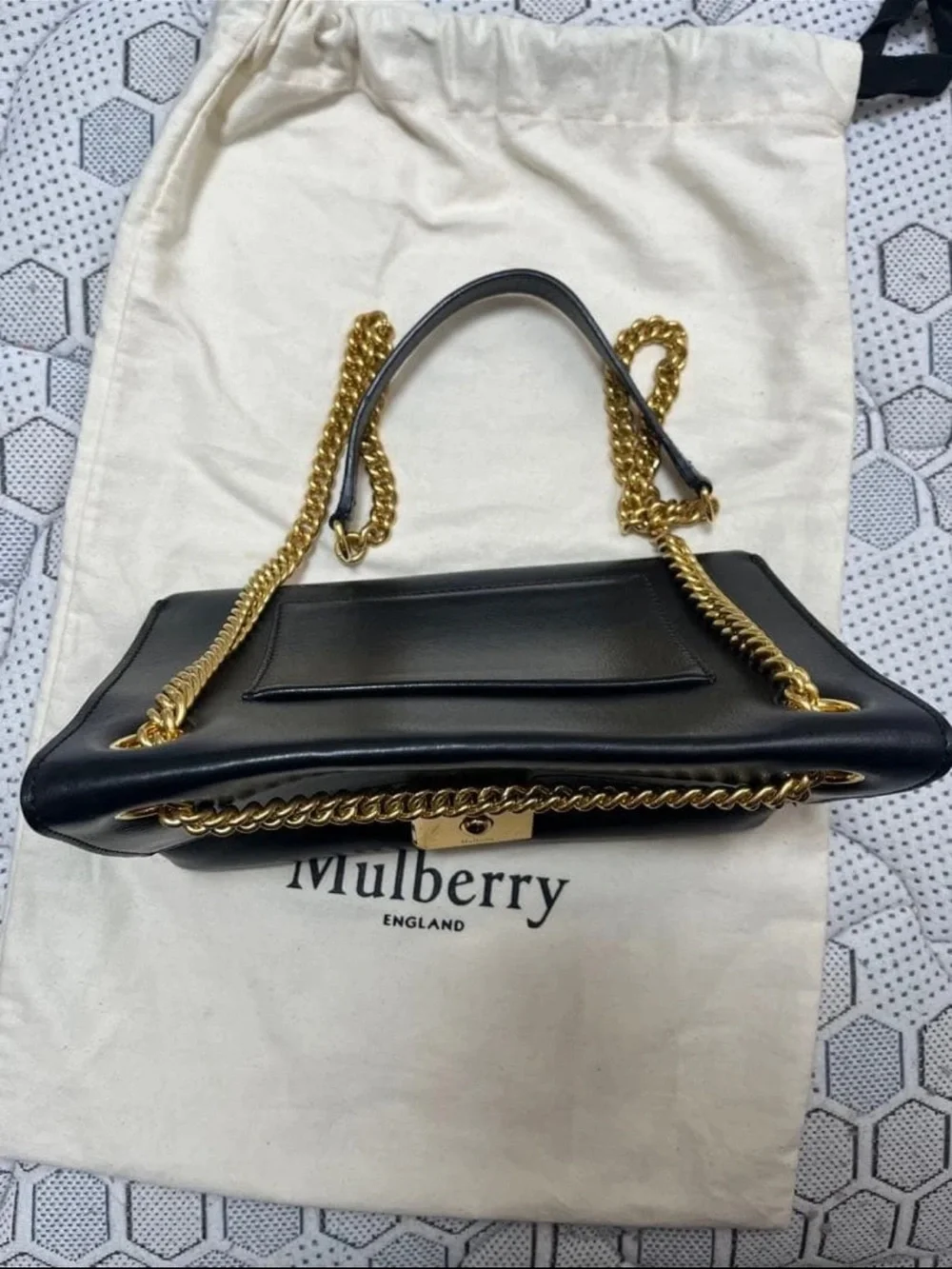 Mulberry Black Leather Satchel with Gold Chain and Turn-Lock